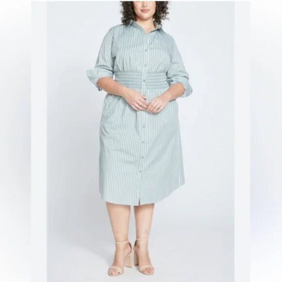Universal Standard Hamptons Smocked Shirtdress Green Stripes Small 14/16 - Picture 1 of 8